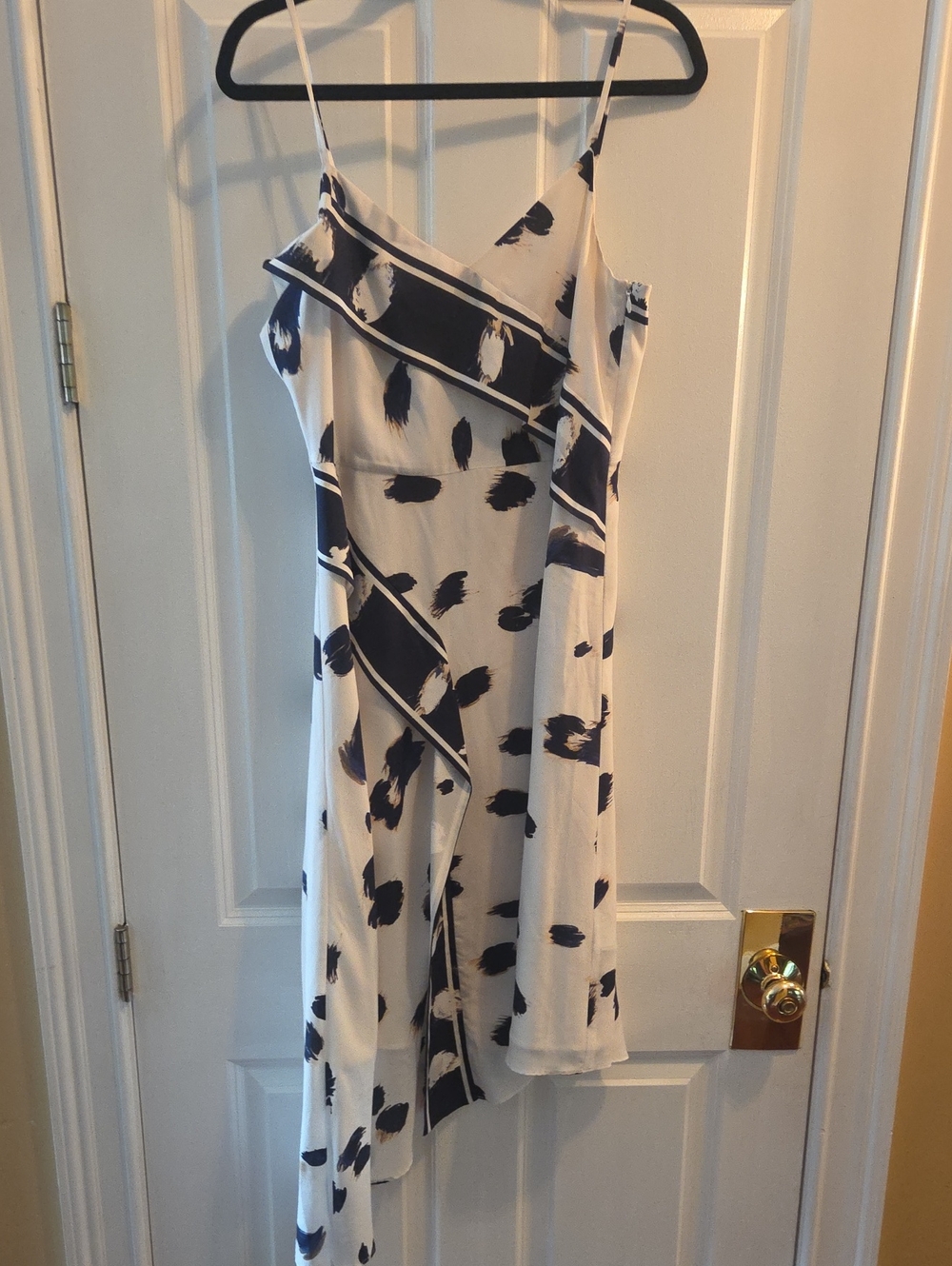 White Asymmetrical Slip Dress with Navy Brushstroke Print